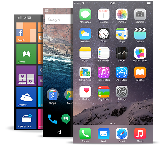 Home screens of iOS Android and Windows Phones